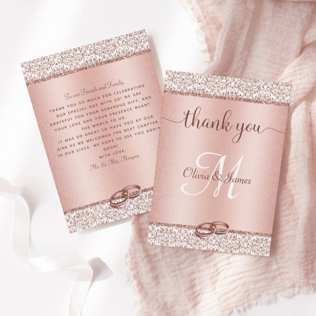 Rose Gold Glitter Damask Metallic Wedding Thank You Card (Creator Uploaded)
