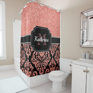 Rose Gold Glitter Damask Shower Curtain