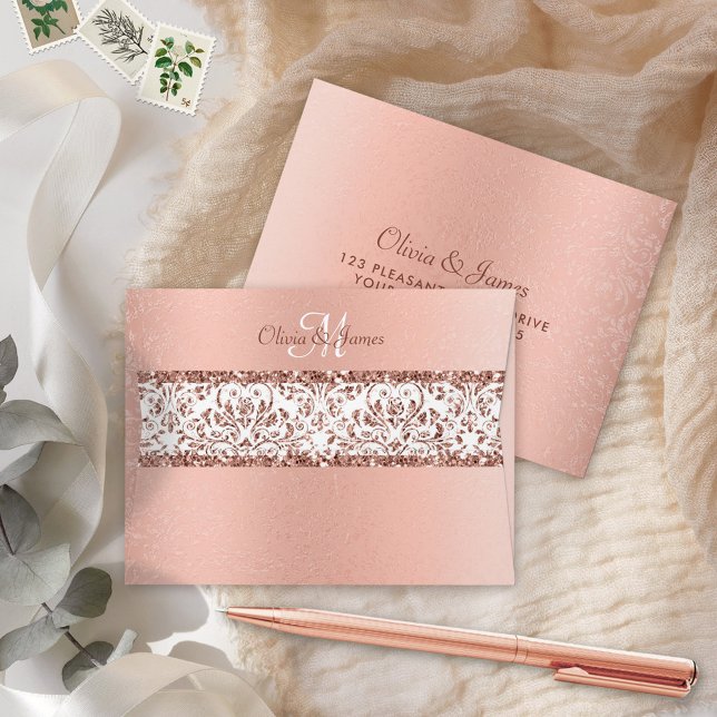 Rose Gold Glitter Damask Wedding RSVP Envelope (Creator Uploaded)