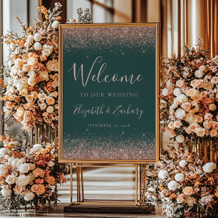 Rose Gold Glitter Dark Green Wedding Welcome Poster