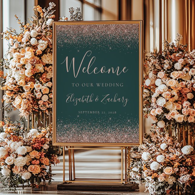 Rose Gold Glitter Dark Green Wedding Welcome Poster (Creator Uploaded)