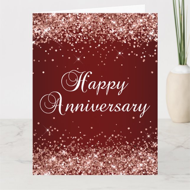 Rose Gold Glitter Dark Red Ombre Happy Anniversary Card (Front)