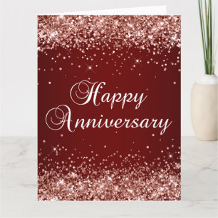 Rose Gold Glitter Dark Red Ombre Happy Anniversary Card