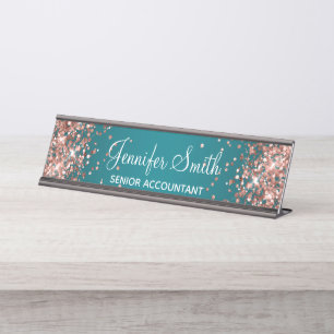 Rose Gold Glitter Dark Turquoise Gradient Desk Name Plate