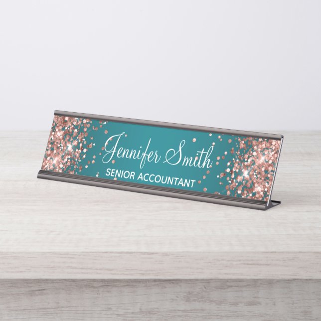 Rose Gold Glitter Dark Turquoise Gradient Desk Name Plate (Front)