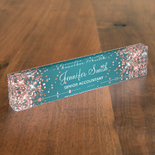 Rose Gold Glitter Dark Turquoise Gradient Nameplate
