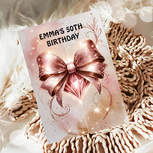 Rose gold glitter diamond bow birthday invitation