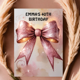 Rose gold glitter diamond bow birthday invitation
