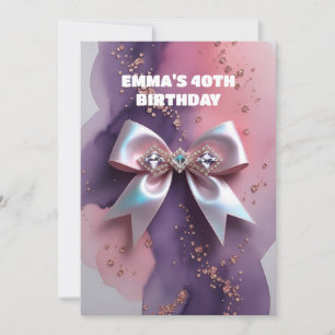Rose gold glitter diamond bow birthday invitation