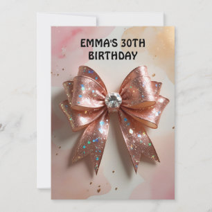 Rose gold glitter diamond bow birthday  invitation