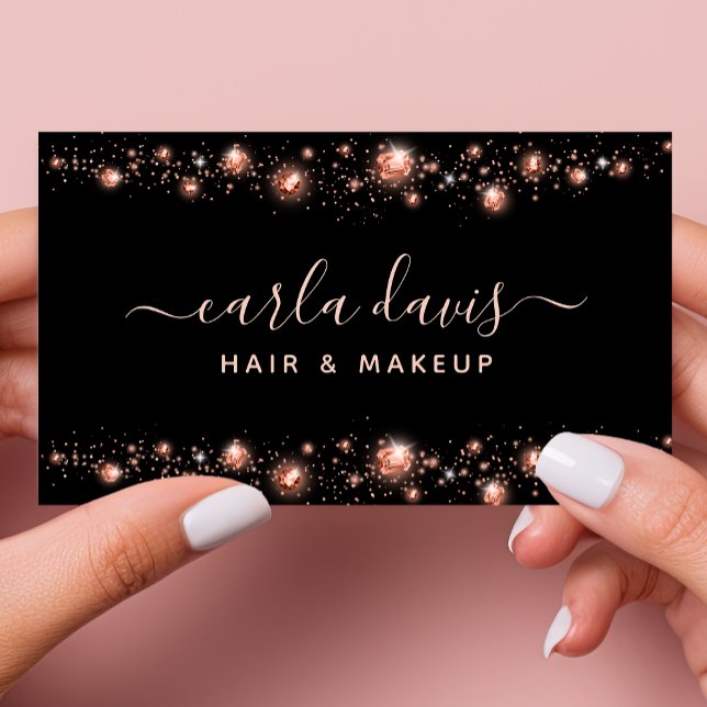 Rose Gold Glitter Diamond Dust Black Makeup Artist Business Card (Creator Uploaded)