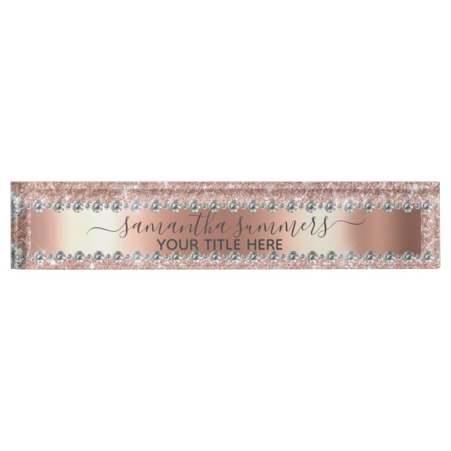 Rose Gold Glitter Diamond Look Handwritten  Nameplate (Front)