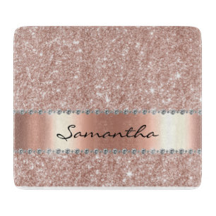 Rose Gold Glitter Diamond Monogram Cutting Board