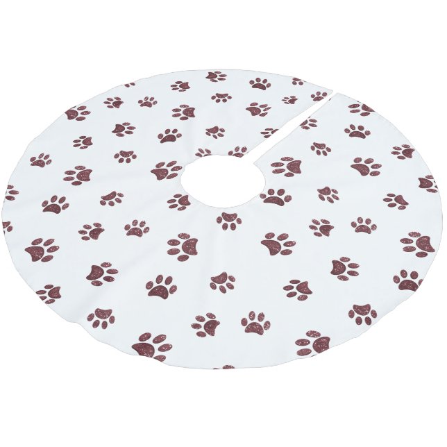 Rose Gold Glitter Dog Cat Paw Prints Christmas Brushed Polyester Tree Skirt (Angled)