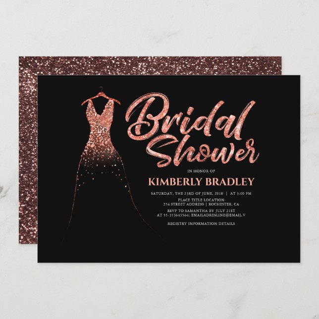 Rose Gold Glitter Dress Black Bridal Shower Invitation (Front/Back)