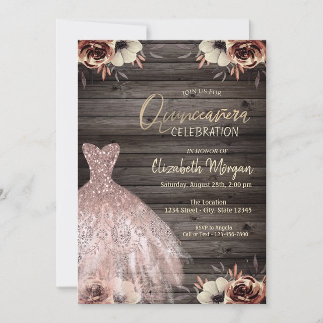 Rose Gold Glitter Dress Flowers Wood Quinceañera  Invitation (Front)