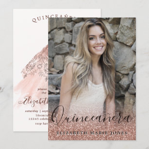 Rose Gold Glitter Dress Photo QUINCEAÑERA Birthday Invitation