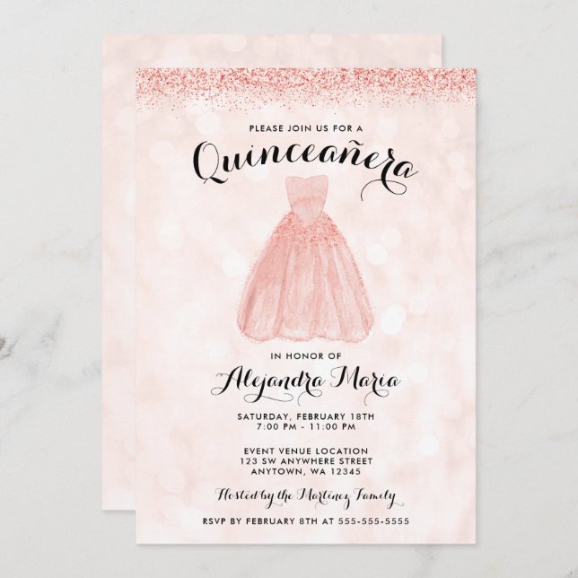 Rose Gold Glitter Dress Quinceanera Invitations (Front/Back)