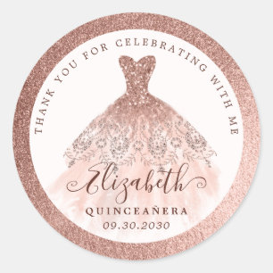 Rose Gold Glitter Dress QUINCEAÑERA Thank You Classic Round Sticker