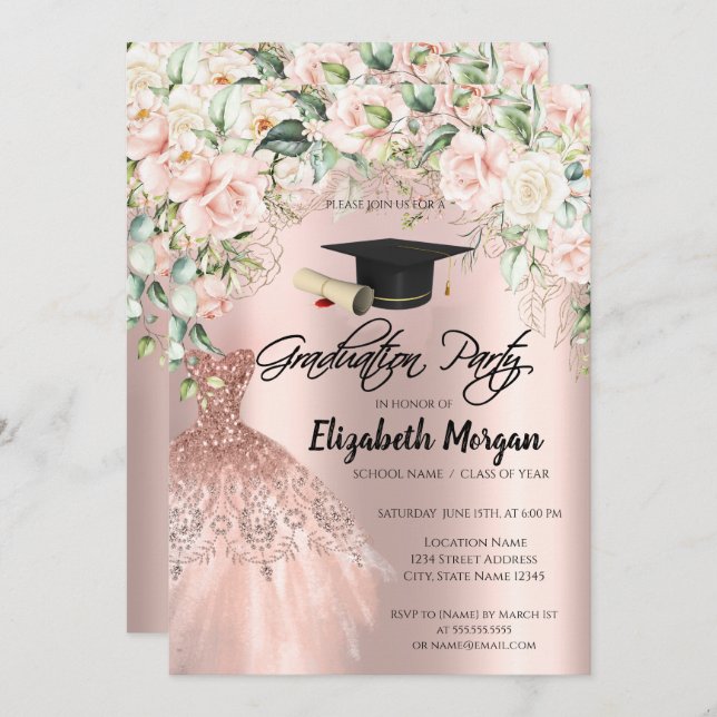 Rose Gold Glitter Dress Roses Grad Cap Graduation Invitation (Front/Back)