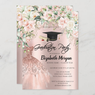 Rose Gold Glitter Dress Roses Grad Cap Graduation Invitation