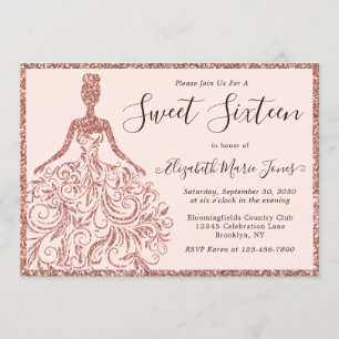 Rose Gold Glitter Dress Sweet Sixteen 16 Birthday Invitation