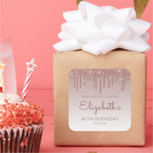 Rose Gold Glitter Drip 40th Birthday Thank You Square Sticker