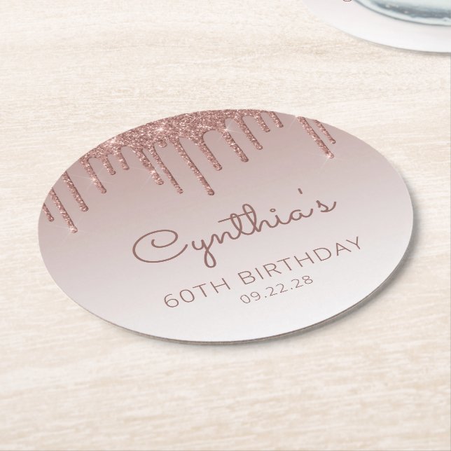 Rose Gold Glitter Drip 60th Birthday Party Round Paper Coaster (Angled)