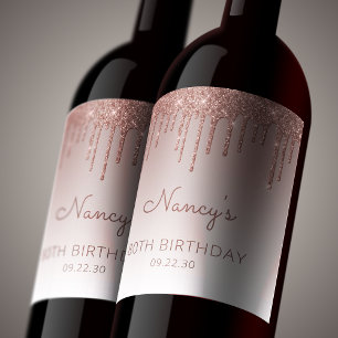 Rose Gold Glitter Drip 80th Birthday Party Wine Label