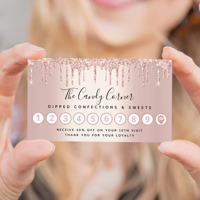 Rose Gold Glitter Drip Confection Strawberry Sweet Loyalty Card (Creator Uploaded)