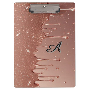 Rose Gold Glitter Drip Custom Name Monogram Clipboard
