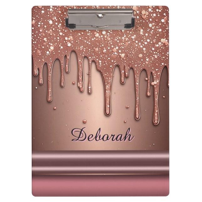 Rose Gold Glitter Drip Custom Name Monogram Clipboard (Front)