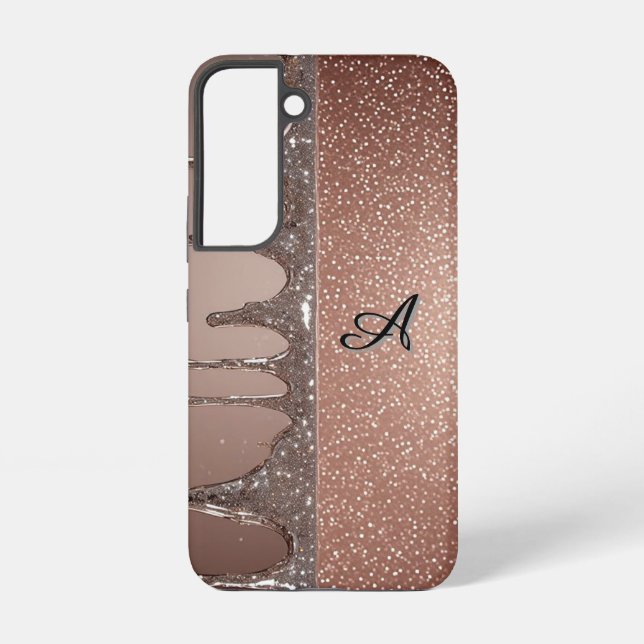 Rose Gold Glitter Drip Custom Name Monogram Samsung Galaxy S22 Case (Back)
