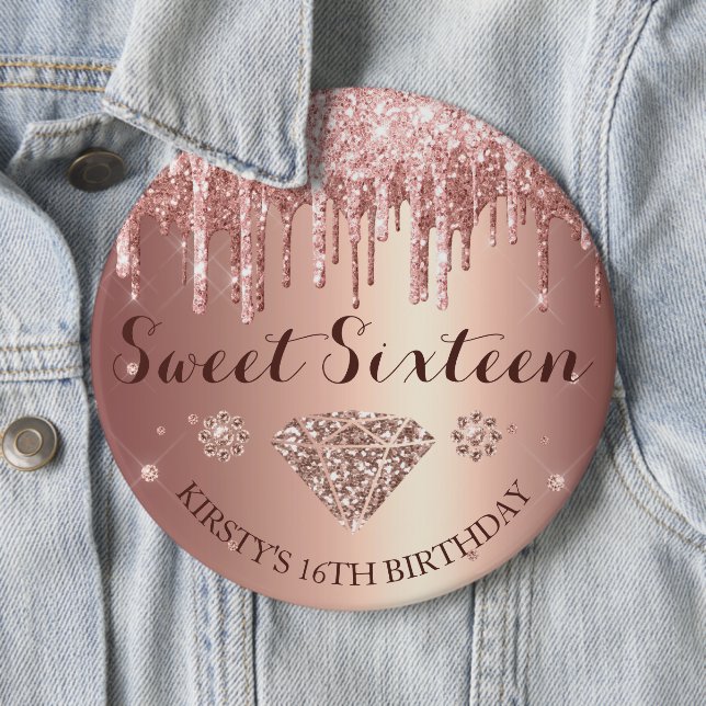 Rose Gold Glitter Drip Diamond Sweet Sixteen 6 Cm Round Badge (In Situ)