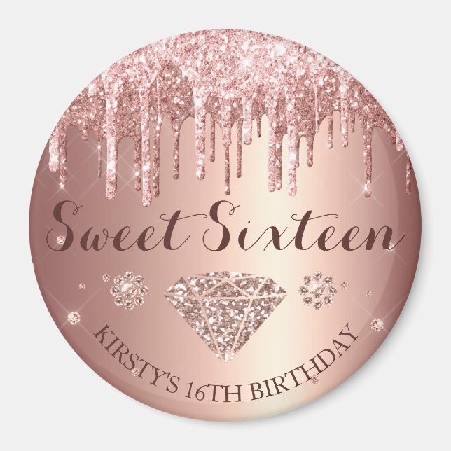 Rose Gold Glitter Drip Diamond Sweet Sixteen Magnet (Front)