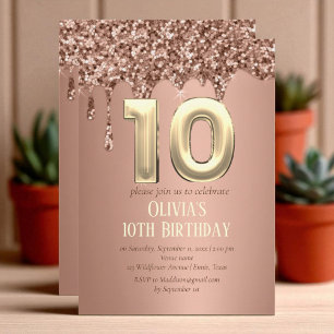 Rose Gold Glitter Drip Girl Girly 10th Birthday  Invitation
