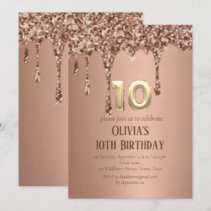 Rose Gold Glitter Drip Girl Girly 10th Birthday  Invitation