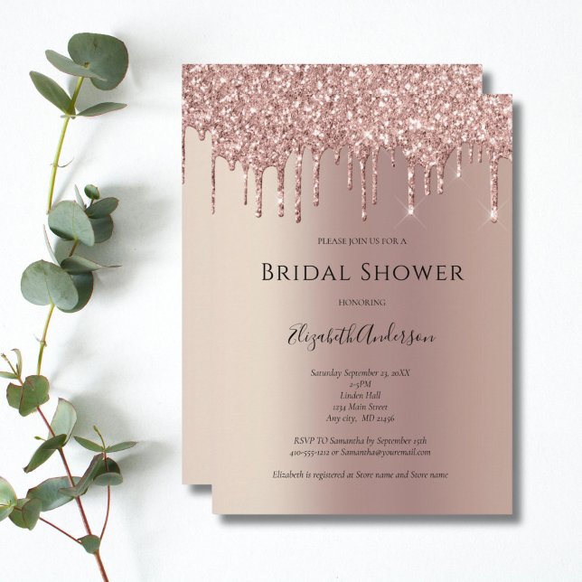 Rose Gold Glitter Drip Glam Trendy Bridal Shower Invitation (Rose Gold Dripping glitter Bridal Shower invitation. Printed or Digital Download)