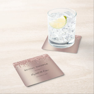Rose Gold Glitter Drip Glam Trendy Bridal Shower Square Paper Coaster