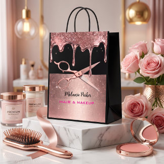 Rose Gold Glitter Drip Hair Stylist & Scissors  Medium Gift Bag