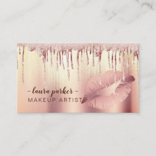 Rose Gold Glitter Drip Lips Makeup Artist Salon Business Card