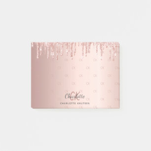 Rose gold glitter drip monogram initials post-it notes