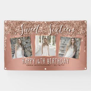 Rose Gold Glitter Drip Photo Collage 16th Birthday Banner