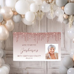 Rose Gold Glitter Drip Script Photo 80th Birthday  Banner<br><div class="desc">Welcome guests with this chic, glamourous 80th birthday party photo banner, featuring a sparkly rose gold faux glitter drip border and rose gold ombre background. Easily replace the sample image with a photo of the guest of honour. Personalise it with her name in whimsical dusty rose script, with the birthday...</div>