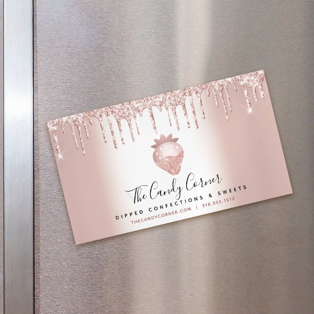 Rose Gold Glitter Drip Strawberry Confection Sweet Magnetic Business Card (Creator Uploaded)