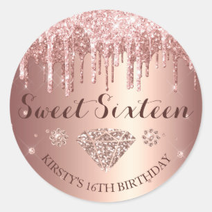 Rose Gold Glitter Drip Sweet Sixteen Classic Round Sticker