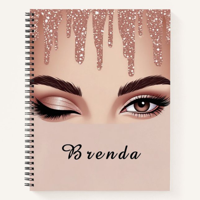 Rose Gold Glitter Drip With Feminine Eye Makeup Notebook (Front)
