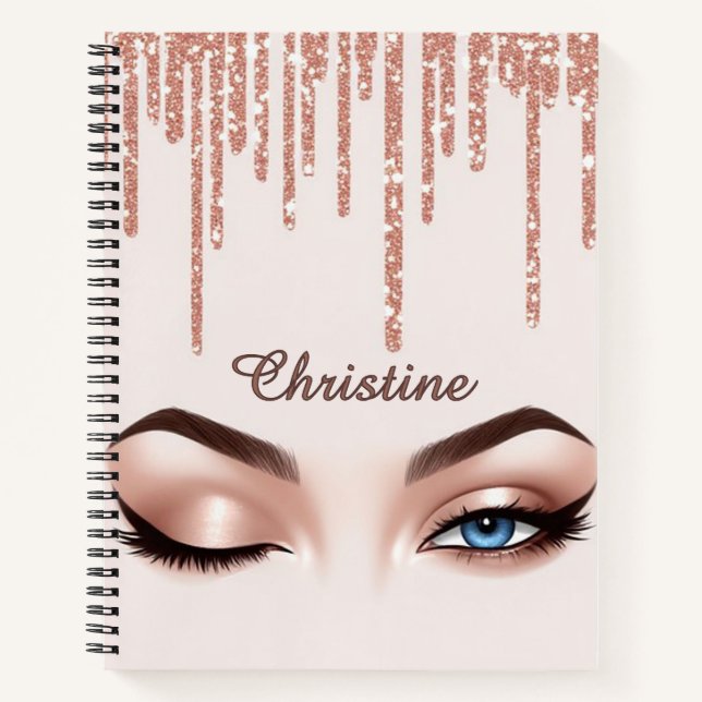 Rose Gold Glitter Drip With Feminine Eye Makeup Notebook (Front)