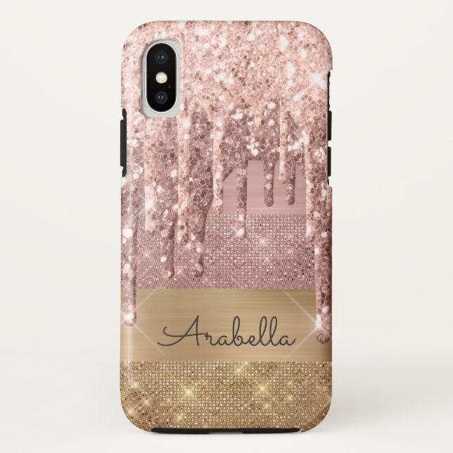 Rose Gold Glitter Dripping Gold Stripes Monogram  Case-Mate iPhone Case (Back)