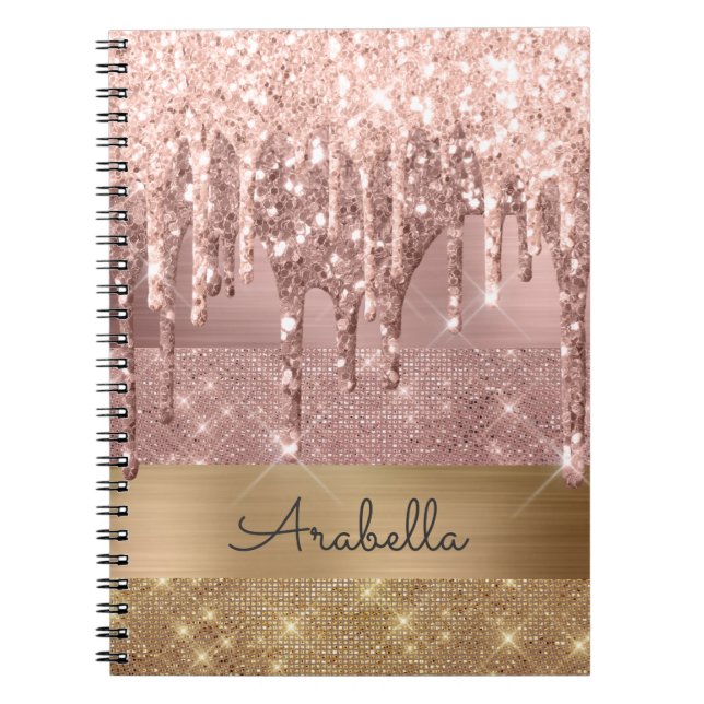 Rose Gold Glitter Dripping Gold Stripes Monogram Notebook (Front)